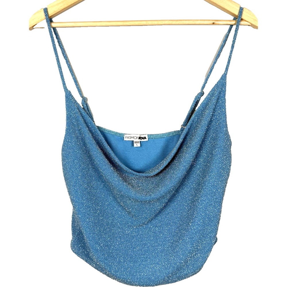 Fashion‎ Nova Teal Metallic Sparkle Draped Tank Top Large Party Y2K Mermaidcore